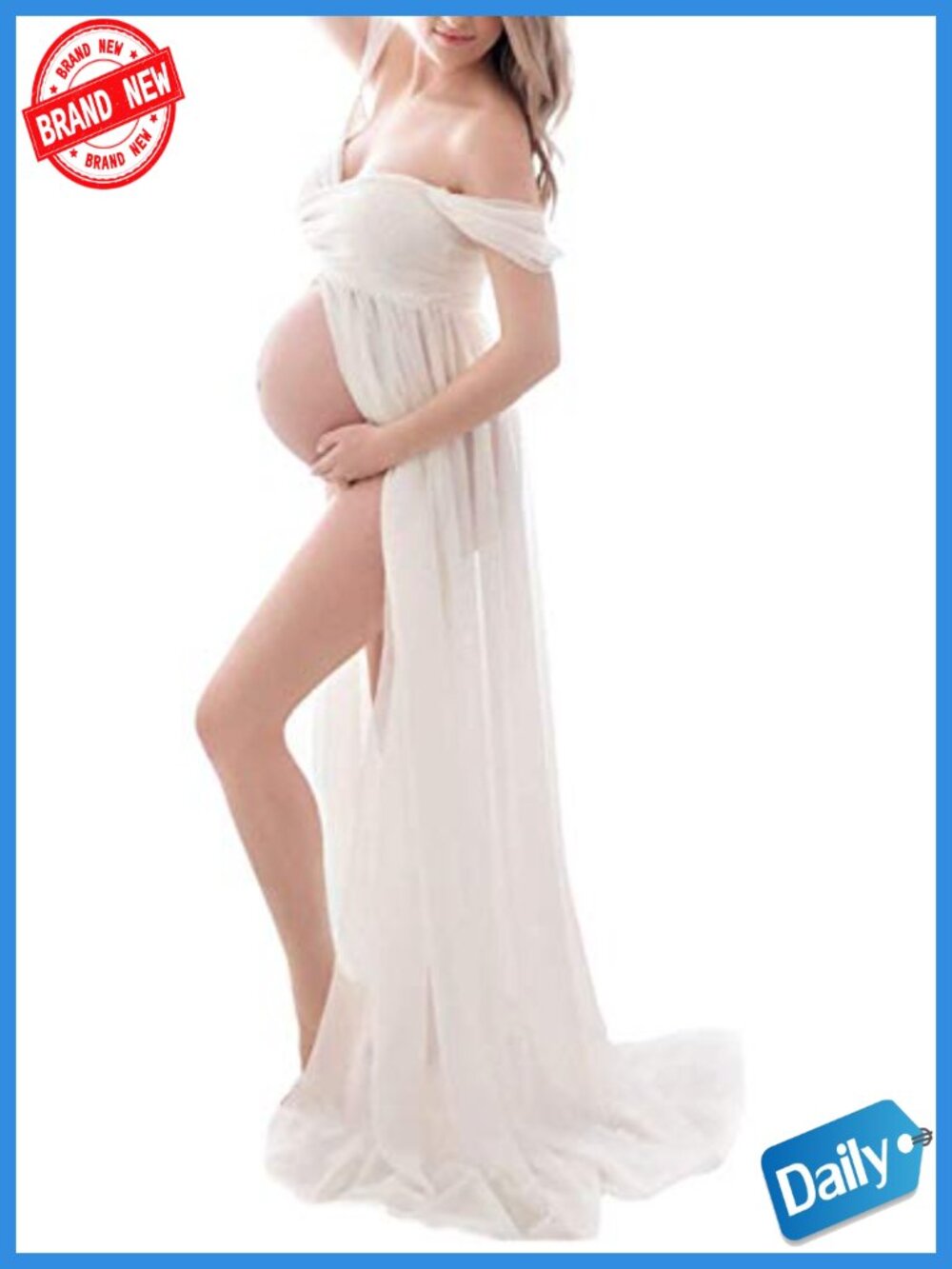 Maternity Off Shoulder Chiffon Gown Photoshoot Split Front Lace Maxi Dress